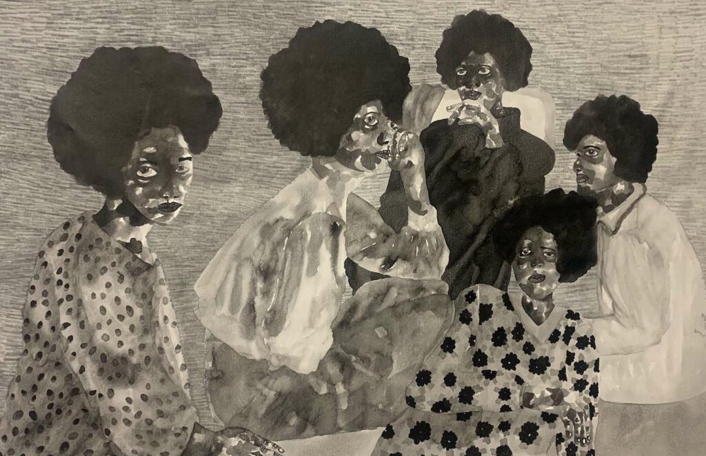 Lerato Nkosi, Devotional Silence, 2022. Ink-and-stamp-on-canvas_92x140cm.