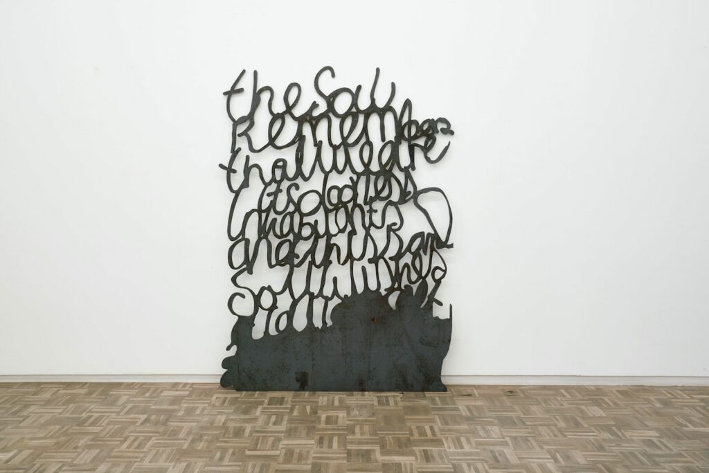 Donna Kukama, The soil remembers that we are its doorless inhabitants (2019) | Plasma cut steel (steel, heat, dreams), 200 x 144 cm