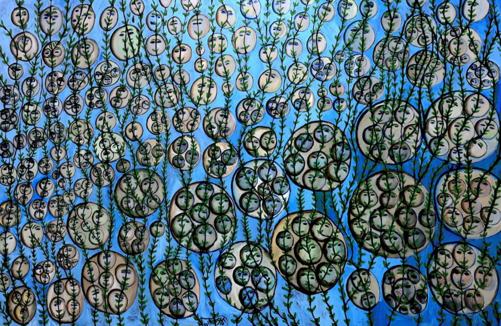 Kamala Ibrahim Ishag, Blues for the Martyrs, 2022. Oil on canvas, 203 x 300cm. Courtesy the artist. Photo: Mohamed Noureldin Abdallah Ahmed. © Kamala Ibrahim Ishag.
