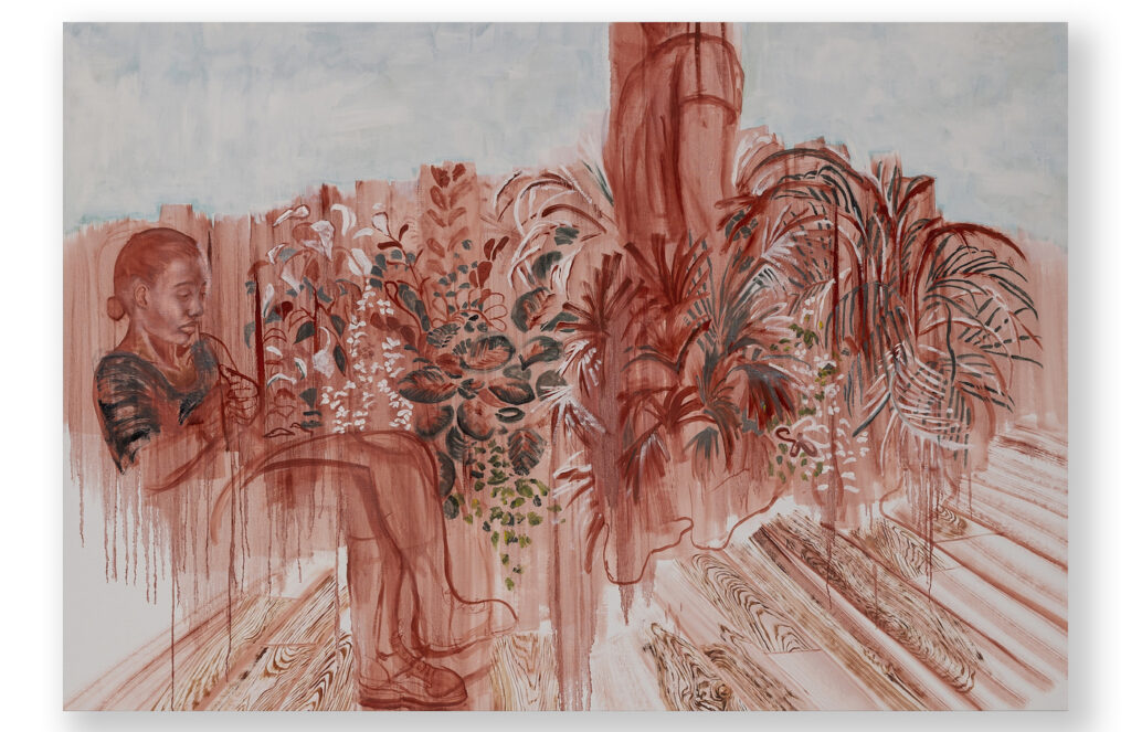 Johanna Mirabel, Living Room n° 23, 2022, oil on linen, 144x210 cm (56.7x82.6 in), Photo PEPE fotografia, Courtesy the artist and Luce Gallery, Turin