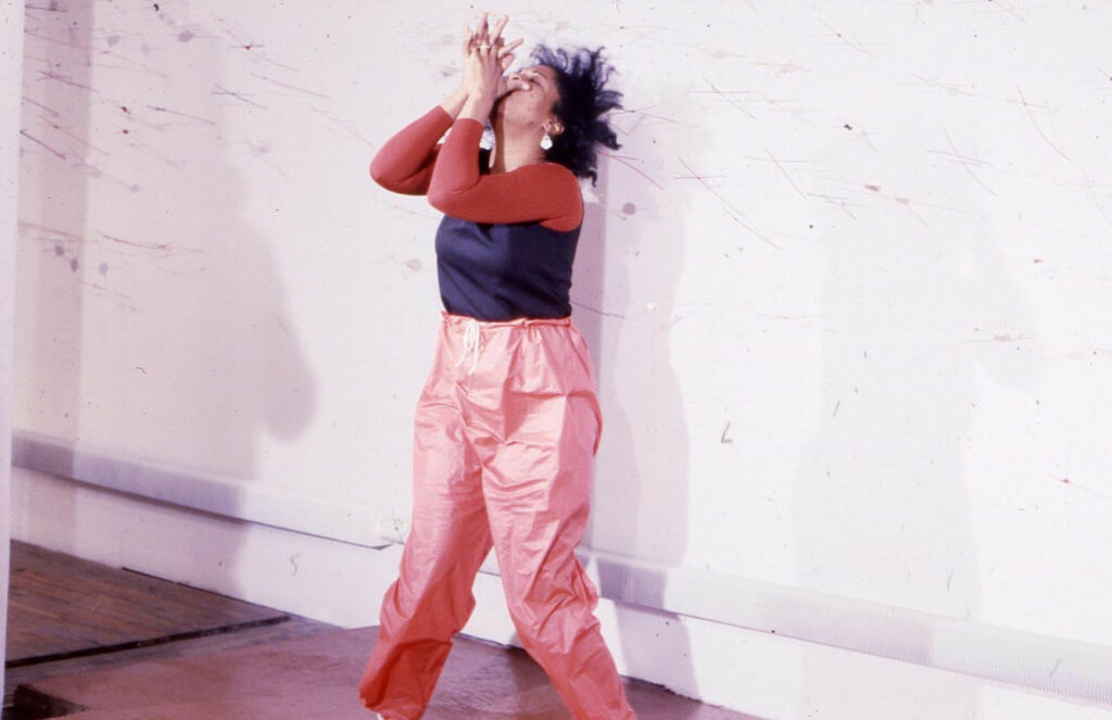 Senga Nengudi performing Air Propo at Just Above Midtown, 1981. Courtesy Senga Nengudi and Lévy Gorvy