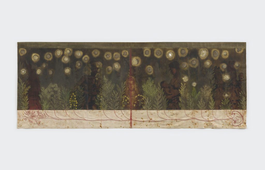 Tuli Mekondjo, Oumbada owe ya mu she, omakipa etu a kukuta _ Fear enveloped us all, our bones stiffened, 2022, Image transfer and mixed media on canvas, 128.9 x 344.2 cm, T_MEK0034, Photo by JSP Art Photography