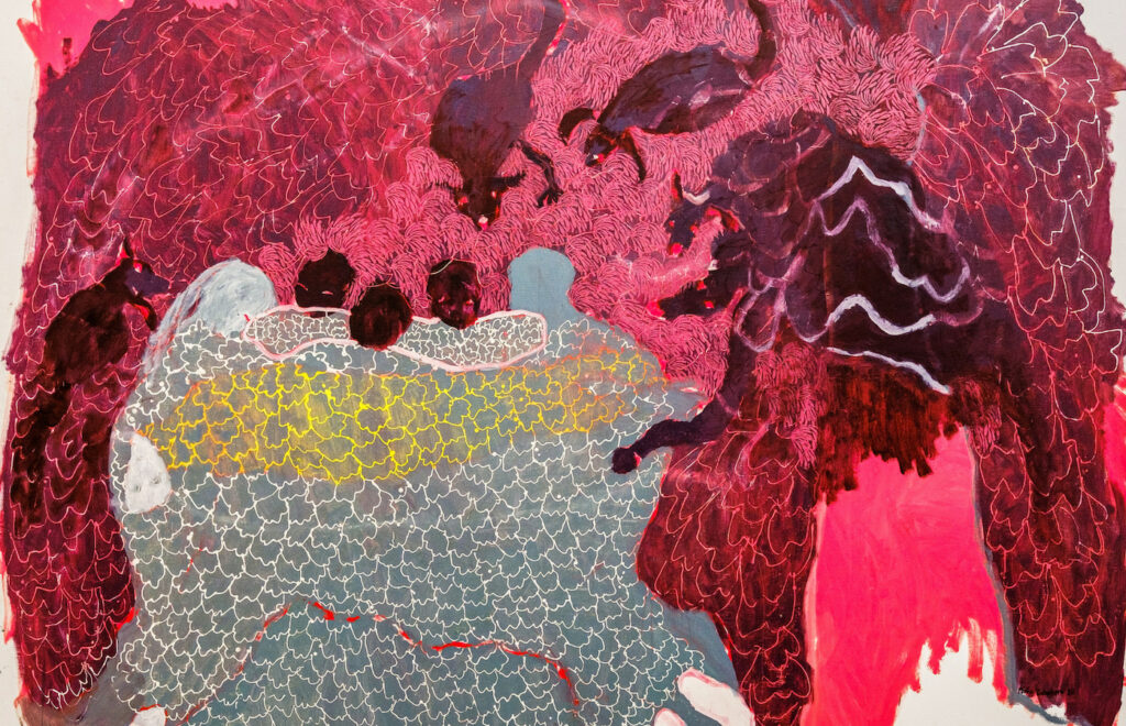 Portia Zvavahera, Ranganai henyu (devise your strategy) (Detail), 2022, oil based printing ink and oil bar on Linen, 265 x 215 cm. Courtesy of the artist, Stevenson and David Zwirner.