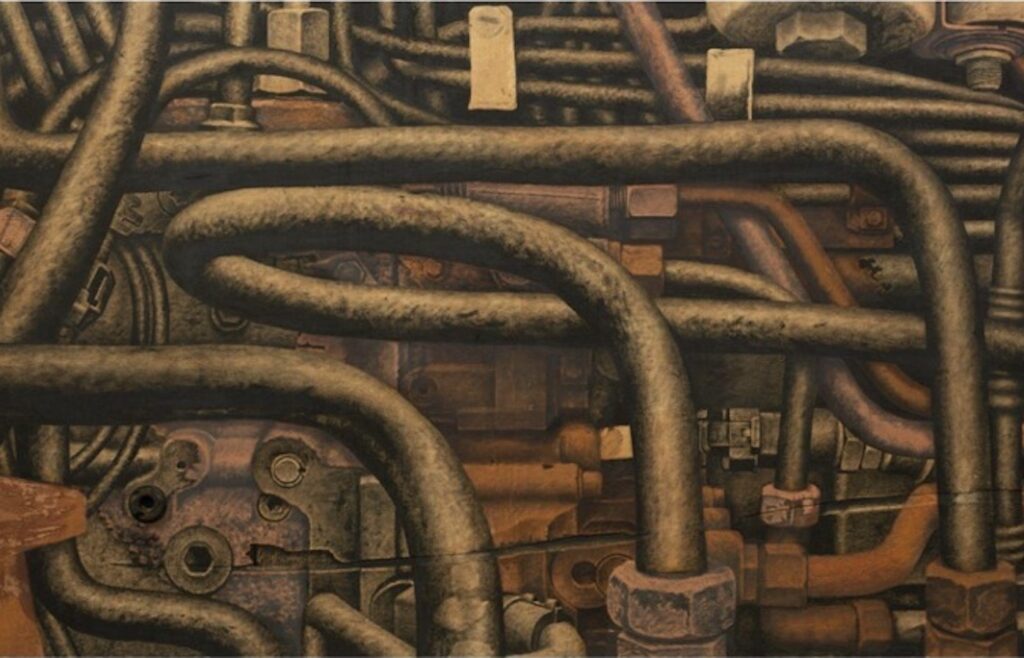 Used motor oil, decommissioned auto steel parts dissolved in nitric, sulphuric and hydrochloric acids, found objects on first grade plywood (Detail), 244 x 122cm. Image courtesy of the artist and Gallery 1957.
