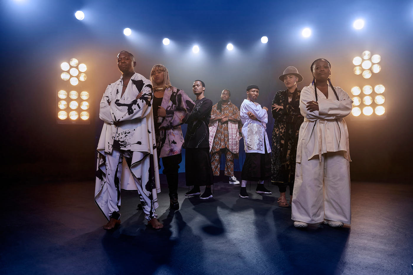 Left to right: Sylvester Thamsanqa (Thami) Majela, Msaki, Mahlatsi Mokgonyana (Theatre Duo), Linda Sikhakhane, Billy Langa (Theatre Duo), LADY SKOLLIE, and Koleka Putuma. Photographer: Themba Mokase