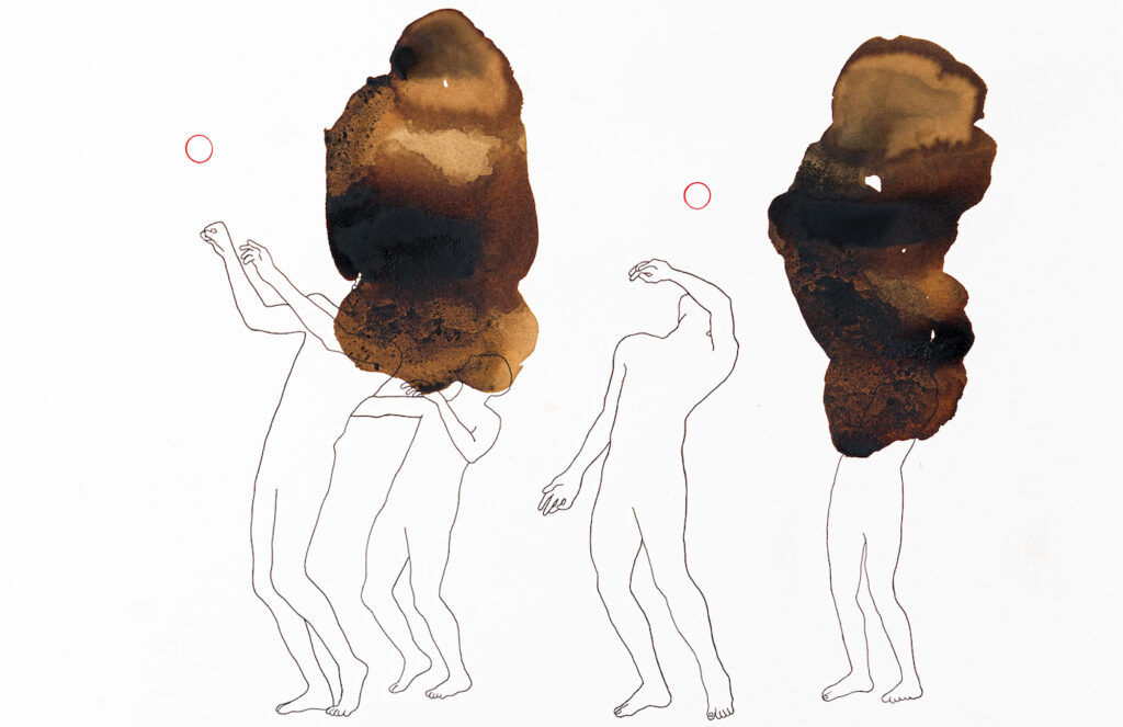 Yvanovitch Mbaya
Ngunza (Spiritual Initiation) (Detail)
2022
Coffee, Indian ink, charcoal powder, indigo pigment, and ink pen on Arches paper
118 x 80 cm
Photo by Abdelmoula Leksibi
Courtesy of Ronewa Art Projects