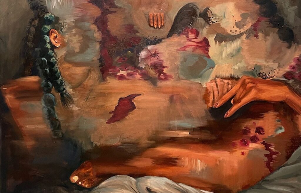 Debra Cartwright, Phantasmatic Figures,
Untethered (Detail), 2022, Oil on canvas, 121.9 x 121.9 cm / 48 x 48 in. Courtesy of Bode Gallery.