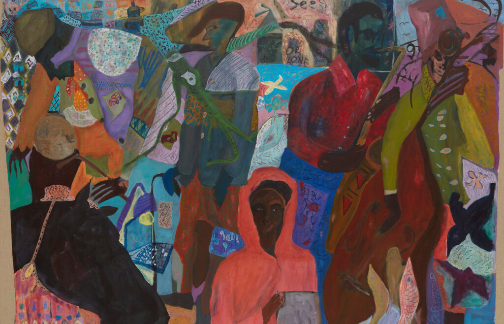 Ficre Ghebreyesus
Five Figures with Horse Head (Detail), 1999
Acrylic on burlap
66 ¼ x 93 ½ in (168.3 x 237.5 cm)
Framed: 68 ¾ x 96 x 2 ¾ in (174.6 x 243.8 x 7 cm)
(GL13870)
Courtesy of Galerie Lelong & Co.