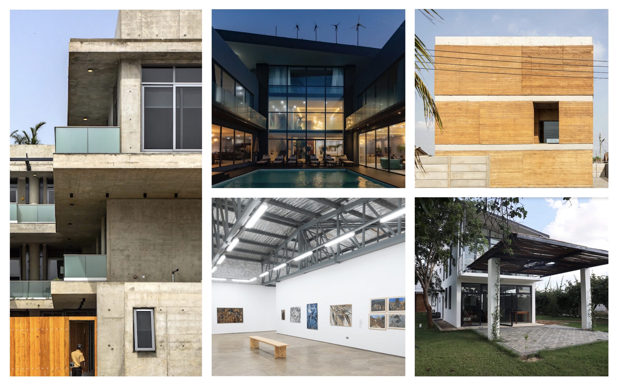 (Clockwise) Guest Artist Space Foundation in Lagos by Yinka Shonibare; Black Rock Senegal in Dakar by artist Kehinde Wiley; dot. Ateliers in Accra by Amoako Boafo; Lusaka Contemporary Art Centre by Victor Mutelekesha; Nairobi Contemporary Art Institute by Michael Armitage.