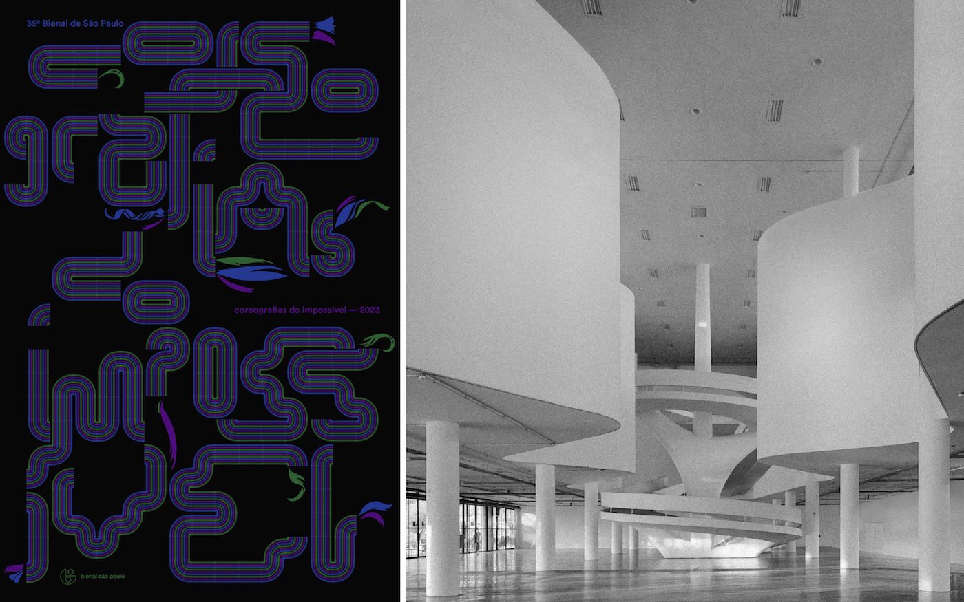 (left) Poster of the 35th Bienal de São Paulo – choreographies of the impossible © Nontsikelelo Mutiti / Fundação Bienal de São Paulo; (right): Study for closing of the second pavement for the 35th Bienal de São Paulo – choreographies of the impossible © Vão / Fundação Bienal de São Paulo