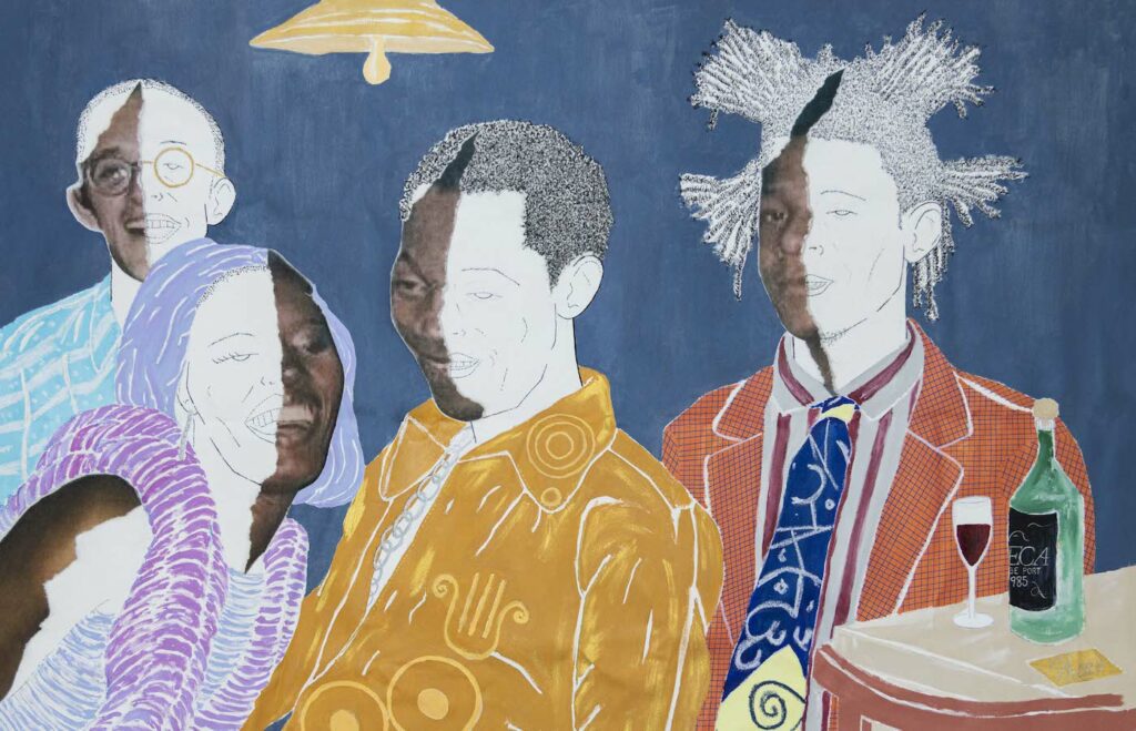 Emmanuel Unaji, Haring, Jones, Kuti & Basquiat, 2023, acrylic & oil stick on canvas, 92 x 129 cm. Courtesy of Affinity Gallery