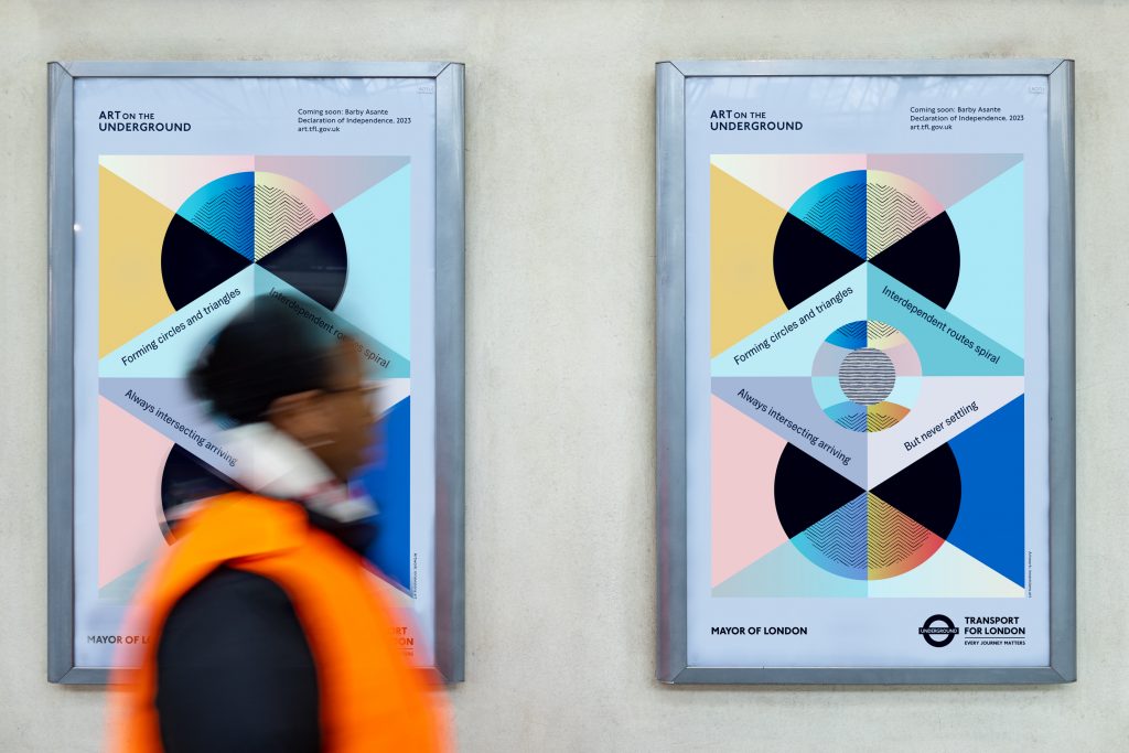 Artwork posters for Barby Asante, 'Declaration of Independence', 2023. Earls Court station. Photo: Benedict Johnson. Poster artwork: InnaVisions