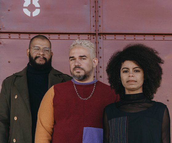 (from left to right) Tiago Sant’Ana, Raphael Fonseca and Yina Jiménez Suriel. Courtesy of Mercosur Biennial Foundation.