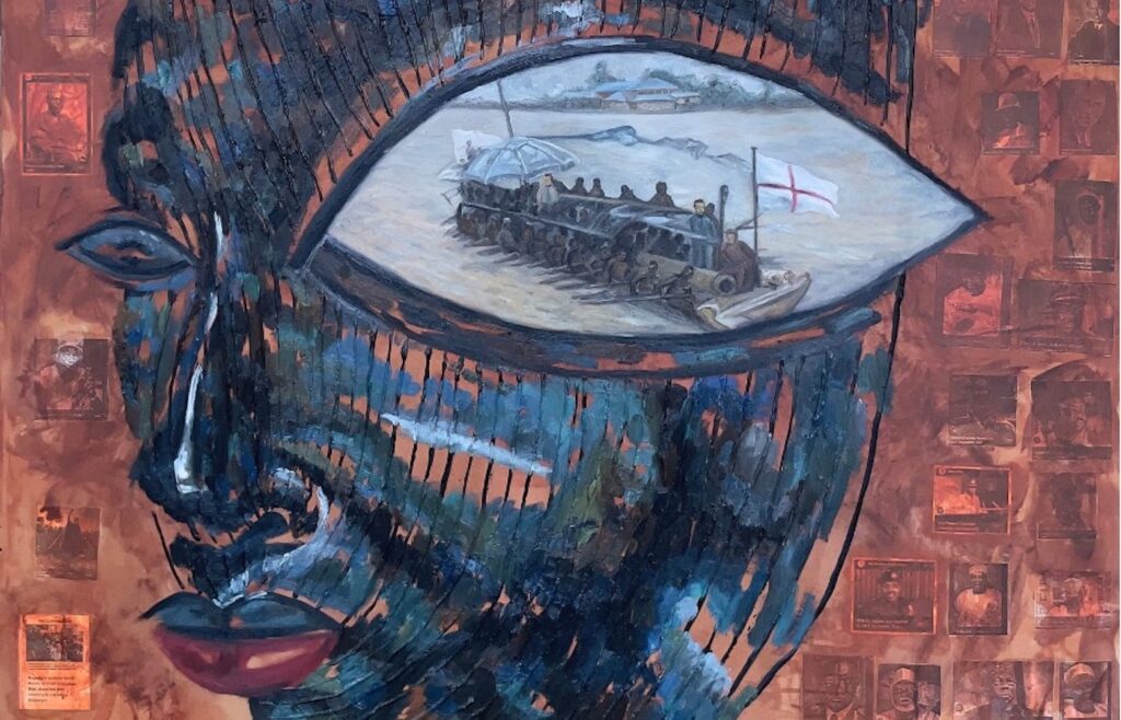 Ademola Ojo, Once Upon A Time (detail), 2023.
Mixed Media on Canvas
122 x 122 cm. Courtesy of SMO Contemporary Art