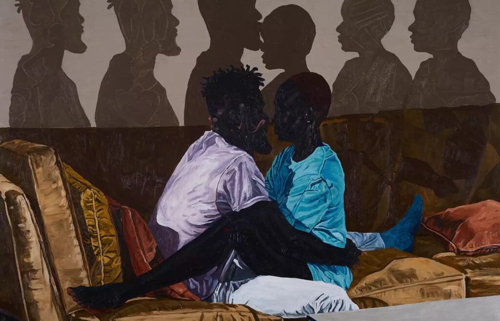 Nana Bruce, In the shelter of your arms (detail), 2023. Acrylic on canvas
59 4/5 × 71 7/10 in | 152 × 182 cm