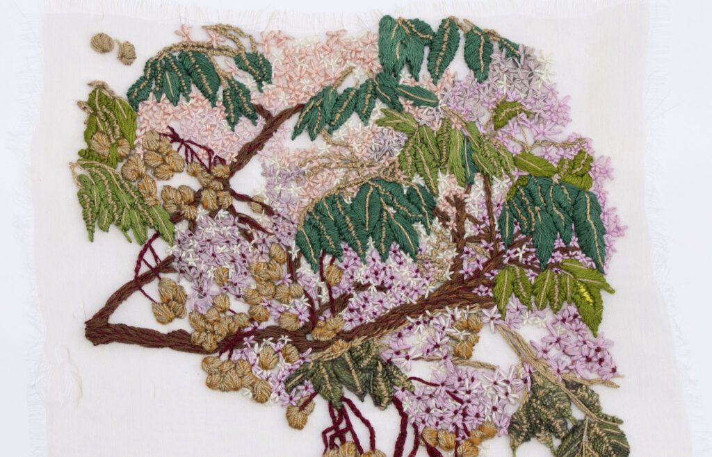 Nadia Myburgh_The Syringa Berry Tree (detail), 2023, Thread on voile curtain fabric, 20 x 17.5 cm