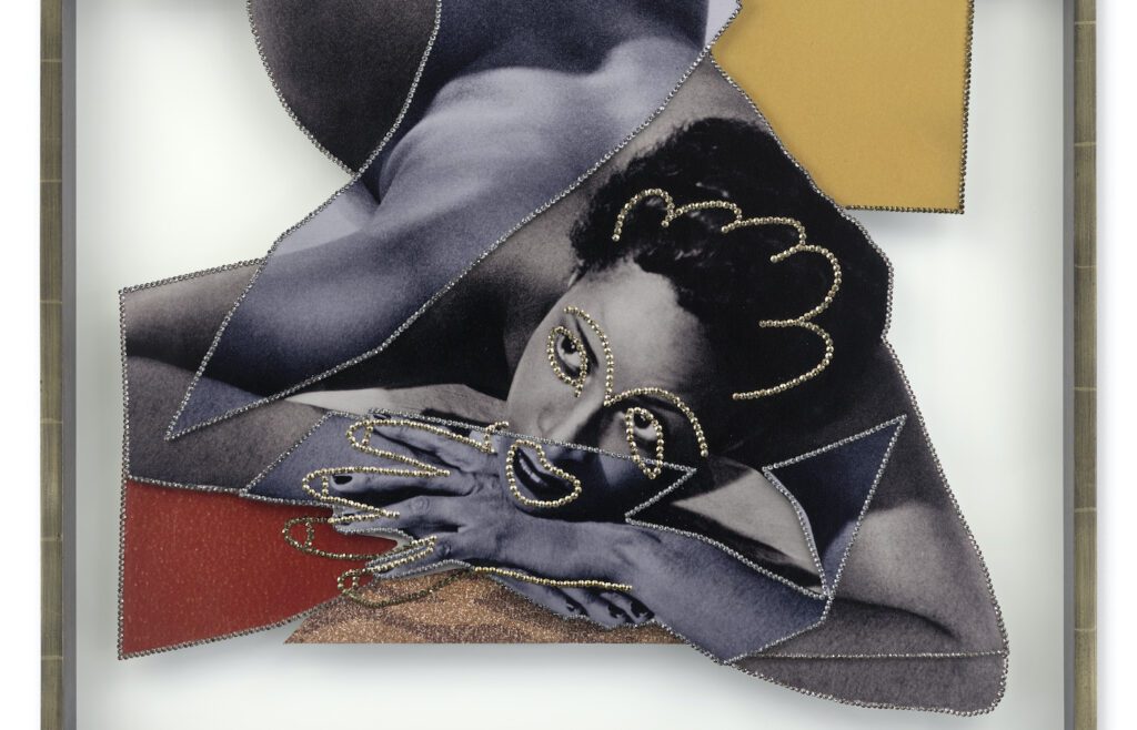 Mickalene Thomas, NUS Exotiques #1 (detail), 2023
Rhinestones on dye sublimation prints, 29 x 28 1/2 x 2 1/2 inches
© Mickalene Thomas. Courtesy of the artist and Yancey Richardson, New York
 