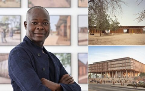 Clockwise: Diébédo Francis Kéré at Kéré Architecture, Berlin, May 2023 © The Japan Art Association / The Sankei Shimbun; Gando Primary School, 2001, Burkina Faso
Photo: Siméon Duchoud. Courtesy of Kéré Architecture; Rendering façade of Benin National Assembly. Courtesy of Kéré Architecture