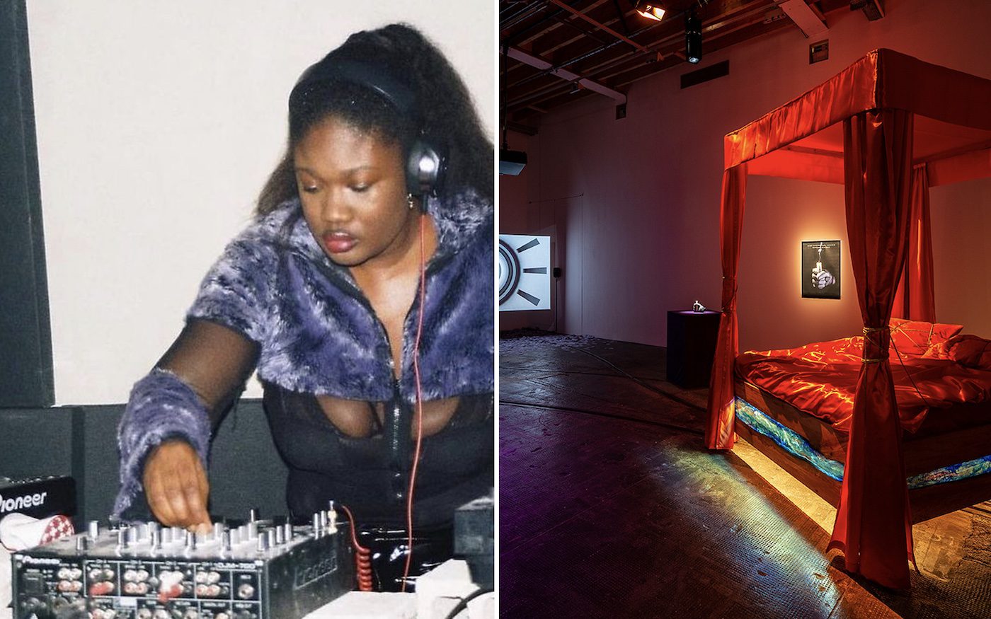 (left) Christelle Oyiri. Photo: Lucid Interval; (right) Christelle Oyiri, Gentle Battle, 2022, installation view, Tramway, Glasgow
