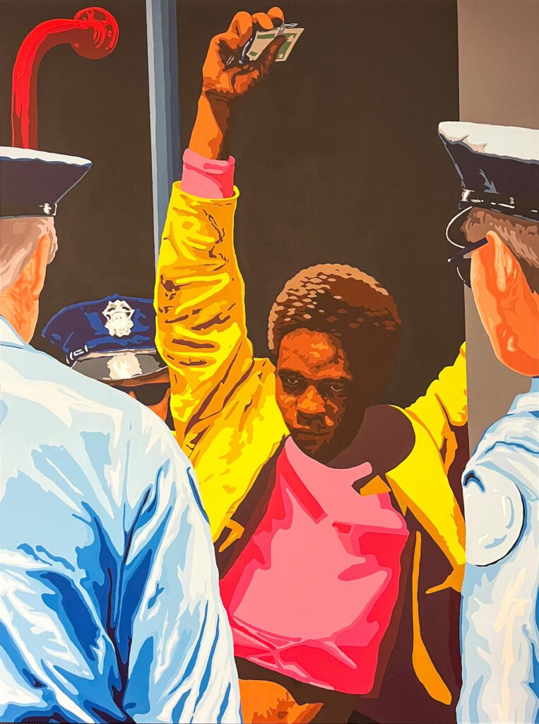 Richard Bell, Young man with Wallet (Detail), 2023. Image courtesy of the artist and Milani Gallery, Meeanjin / Brisbane.