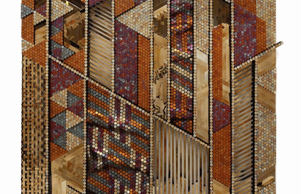 Yaw Owusu, 'The Glories of Our Past' (detail), 2023, 168cm x 158cm x 9cm, Ghana pesewas, steel, linen, wood