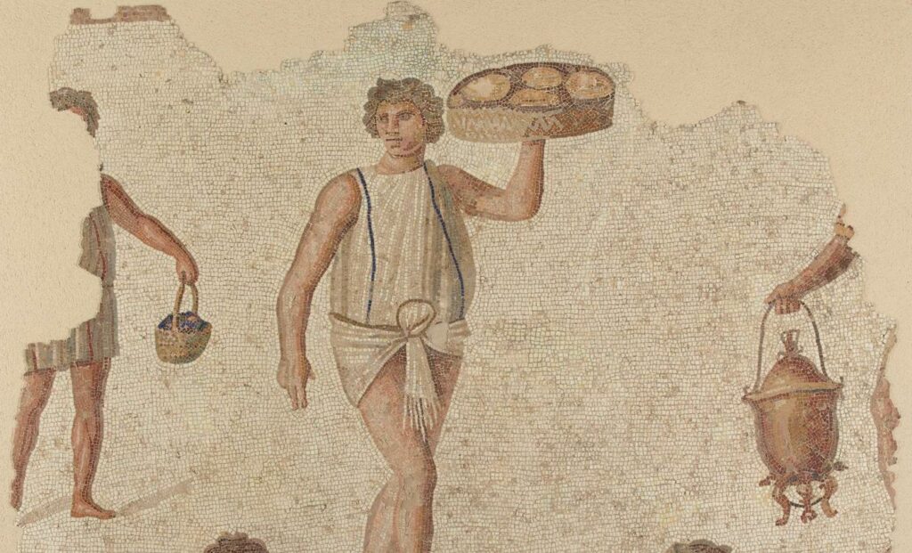 Mosaic Panel of Preparations for a Feast, Tunisia, Carthage, late 2nd century CE. Marble, limestone, molten glass, 94 1/2 x 88 5/8 in. (240 x 225 cm). Paris, Musée du Louvre, Department of Greek, Roman, and Etruscan Antiquities (MNC 1577; Ma1796). © RMN-Grand Palais / Art Resource, NY. Photo: Hervé Lewandowski