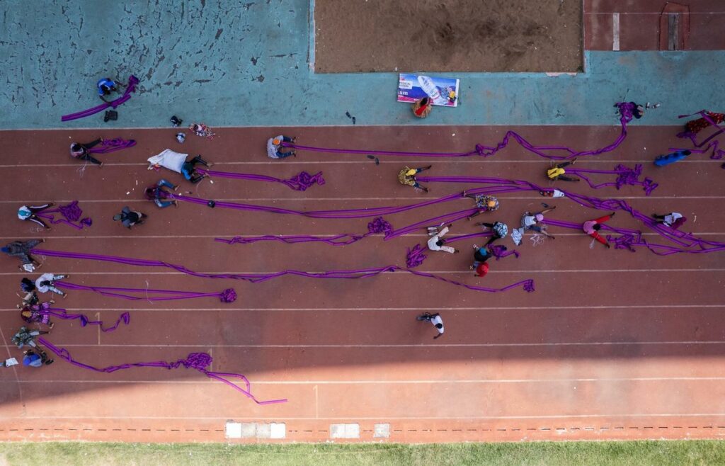 Credit: 5. Ibrahim Mahama, Purple Hibiscus, 2023-24. Courtesy Ibrahim Mahama, Red Clay Tamale, Barbican Centre, London and White Cube.
