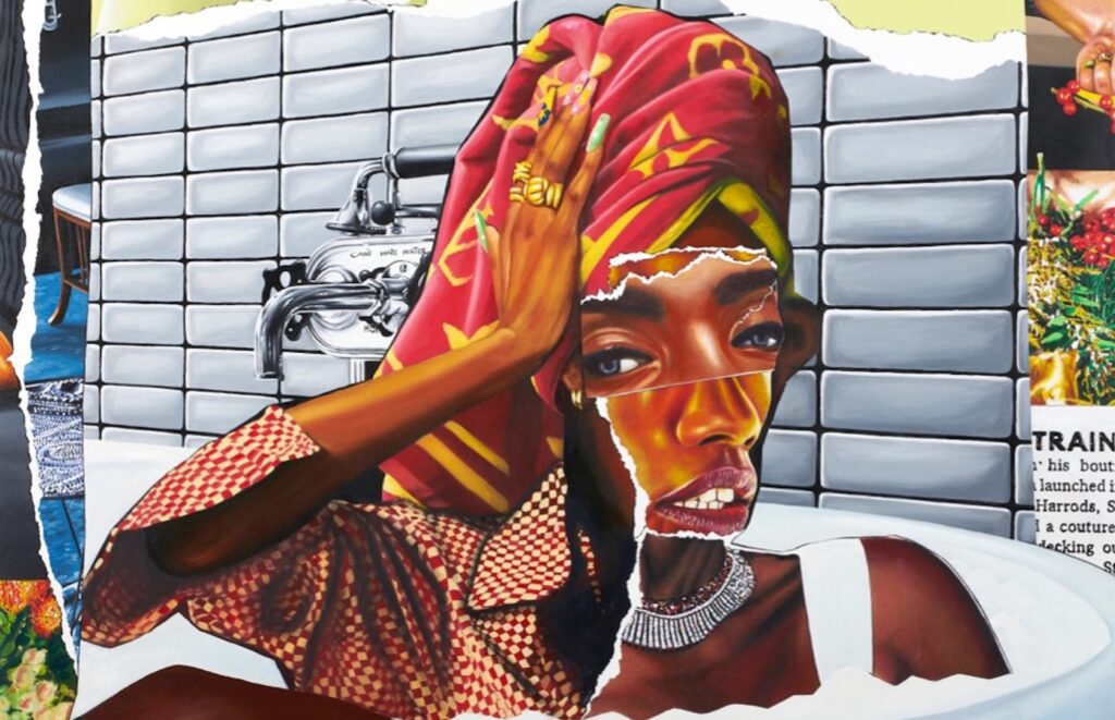 Larry Amponsah,‘Mastery might be a long way off’ (detail), 2023, 150cm x 200cm, Oil paint, oil pastel, acrylic paint and print on canvas. Image courtesy of the artist and Gallery 1957.