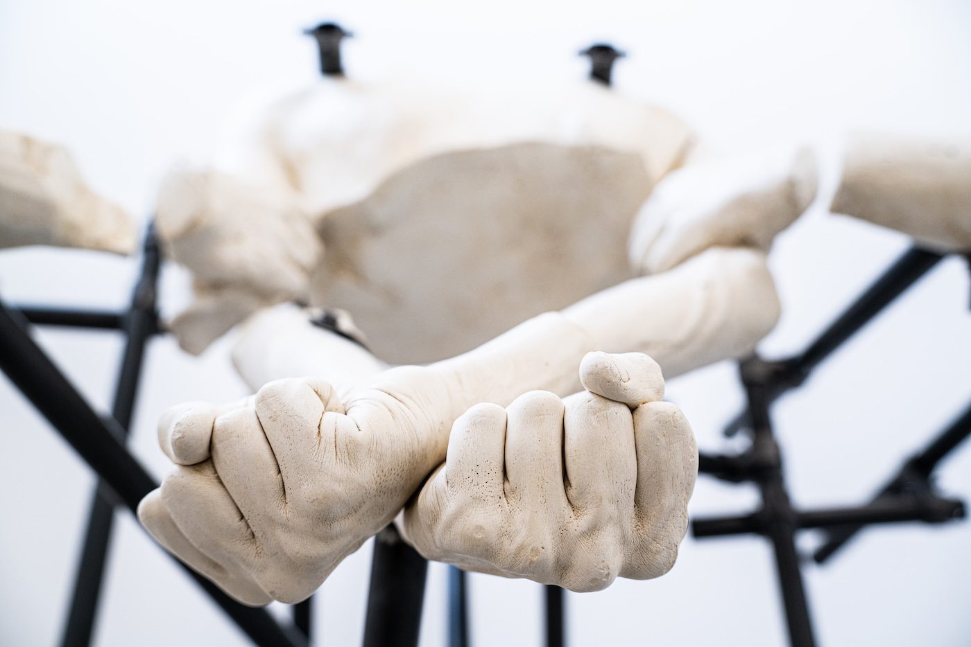 Nidhal Chamekh, Ismaël, 2023. Plaster and steel. 160h x 117w x 100d cm. Courtesy the artist and Selma Feriani. 