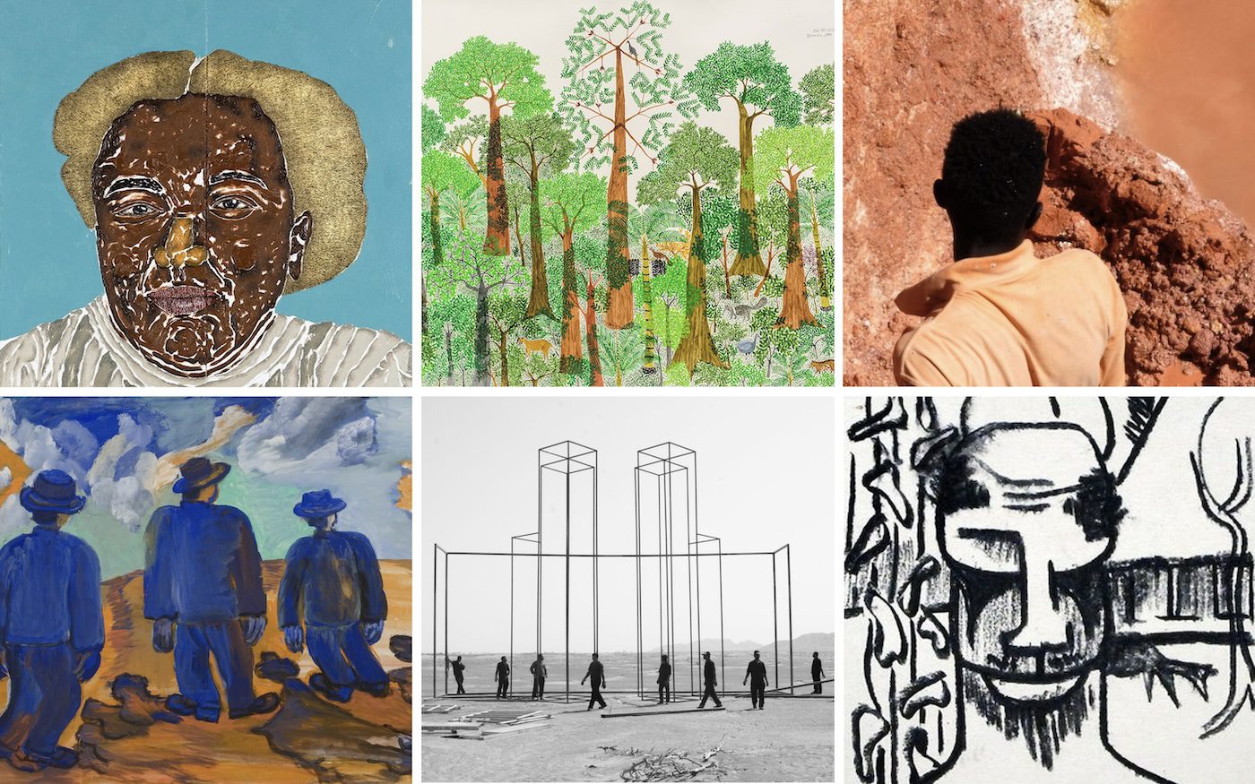 (Clockwise) Dalton Paula (Brasilia, Brazil, 1982), Maria Firmina dos Reis, 2022. Gold leaf and oil on canvas, 61 x 45 cm. Photo: Paulo Rezende; Abel Rodriguez. Courtesy of the artist; Karimah Ashadu, Film still – “Plateau”, Detail, 2021. Courtesy of the artist; Uche Okeke, Okpaladike and his Obu, Detail, 1961. Credit Courtesy of the artist and Skoto Gallery - New York Times; Kiluanji Kia Henda, A City Called Mirage, 2013–2017, one of fifty black and white photographs. Courtesy of the artist; Gladys Mgudlandlu, Three men in blue, not dated. Detail, body colour. Courtesy Johannesburg Art Gallery
