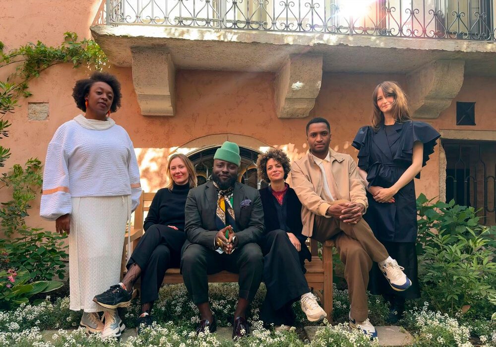 The conceptual team of the 36th São Paulo Biennial (from left to right): Keyna Eleison, Anna Roberta Goetz, Bonaventure Soh Bejeng Ndikung, Alya Sebti, Thiago de Paula Souza, and Henriette Gallus. Photo: Fundação Bienal de São Paulo.