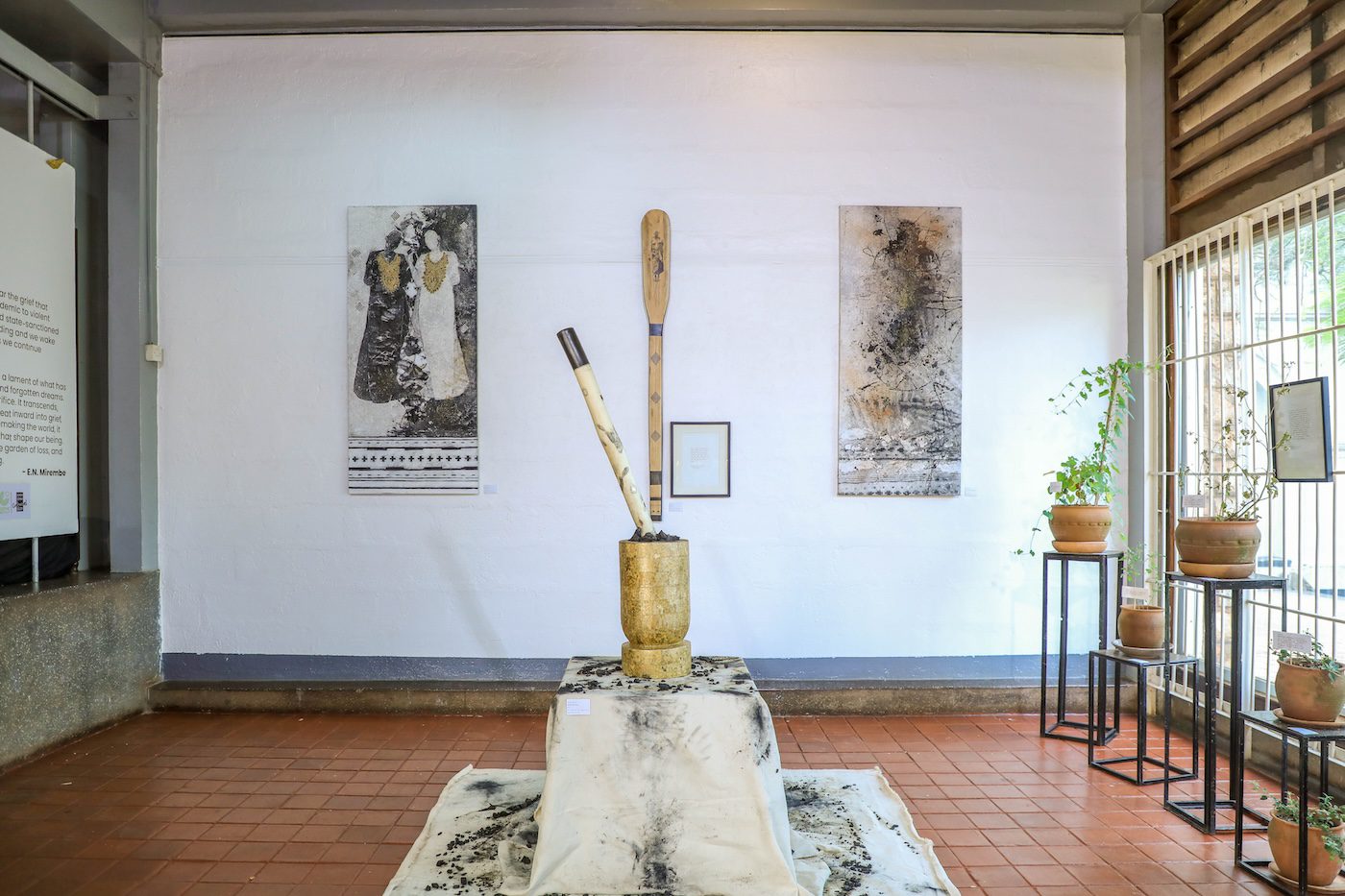 Charity Atukunda, Joy and Sorrow, and Dreamscape: A meeting point, both 2024. Installation view at Njabala Foundation. Photo: Royal Kenogo.