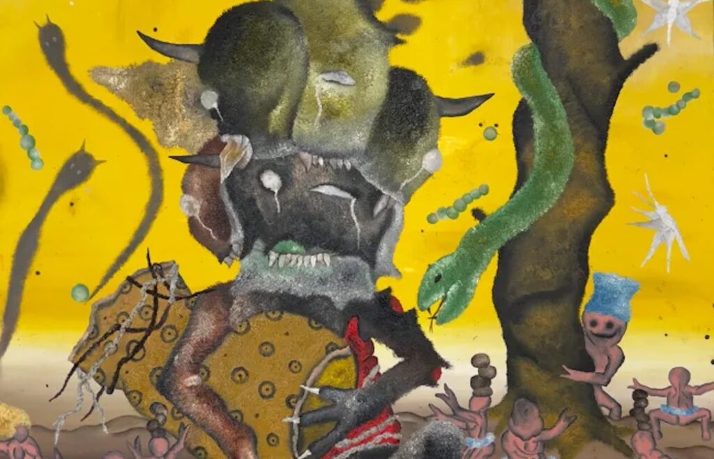 Merveille Kelekele Kelekele, Chez nous, les Luba, on danse, on chante, c’est spirituel, 2024, oil on canvas. Courtesy of the artist and Bwo.