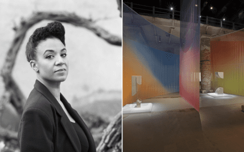 (left) Kapwani Kiwanga. Photo: Angela Scamarcio. (right) Terrarium, 2022. Mixed Media. Installation View at La Biennale de Venezia. Image Courtesy: Galerie Tanja Wagner