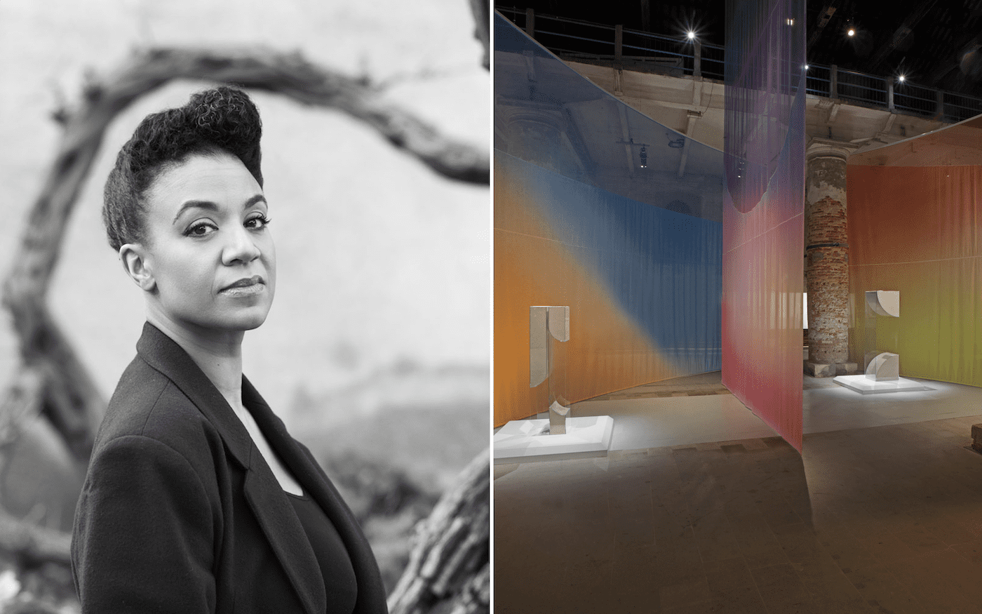 (left) Kapwani Kiwanga. Photo: Angela Scamarcio. (right) Terrarium, 2022. Mixed Media. Installation View at La Biennale de Venezia. Image Courtesy: Galerie Tanja Wagner