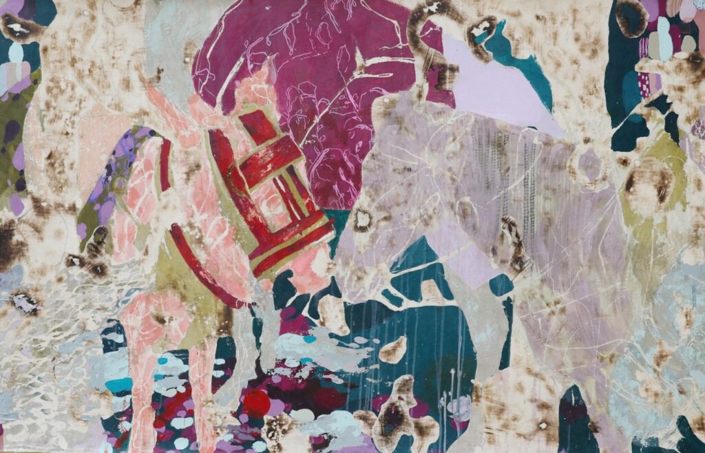 Modupeola Fadugba, The Kiss (detail), 2025, Acrylic, graphite, and ink on burned canvas, 72 x 39 in. Courtesy of the Artist and Gallery 1957.