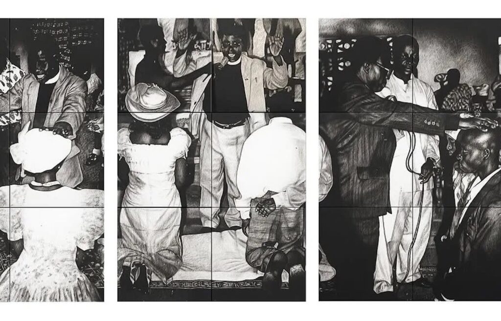 Daniel Quarshie- Benediction” 2023 Charcoal on board  216×108 inches .Image courtesy of Gallery 1957 and the artist.