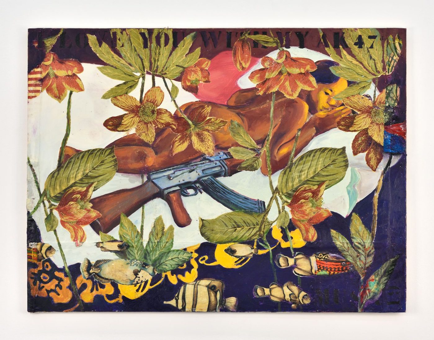 Hassan Musa, I love you with my AK47(1), 2019. Oil on printed fabrics on wood, 121 cm x 190 cm. Photo courtesy of the Galerie Maïa Muller.