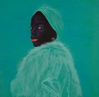 Kwesi Botchway, Green Fluffy Coat, Detail, 2020. Acrylic on canvas, 78.7 x 78.7 cm / 31 x 31 in. Courtesy of Gallery 1957.