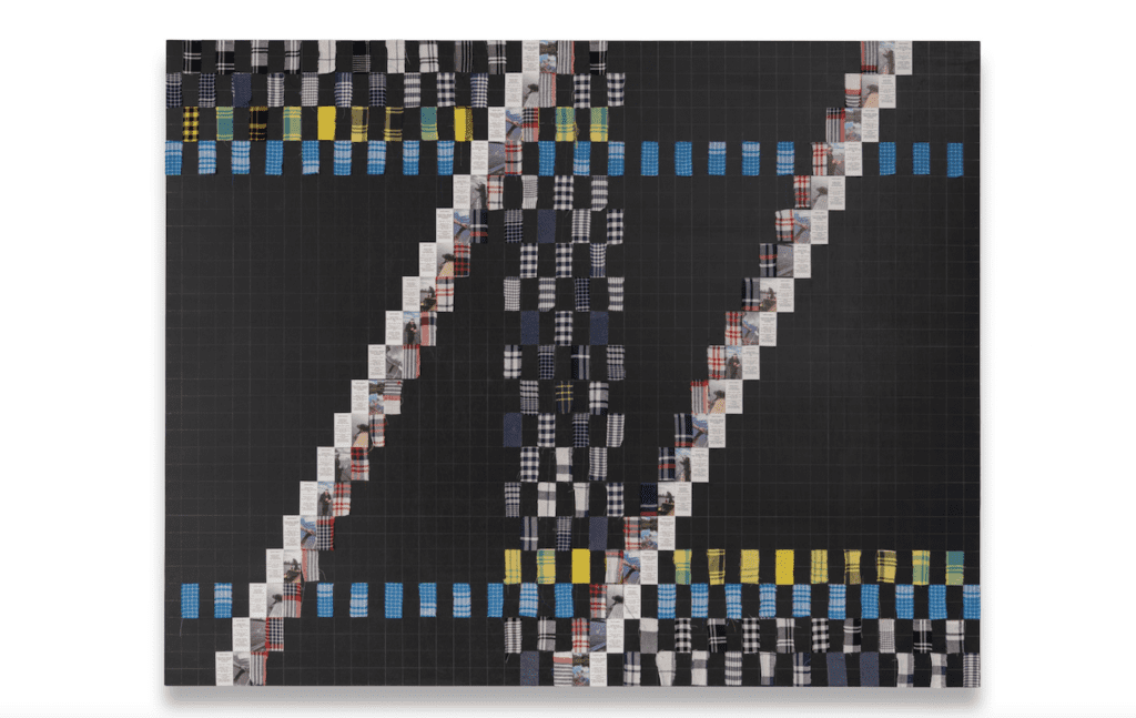 Remy Jungerman, Three Rivers Black, 2025, Cotton textile, kaolin (pimba) on wood panel, 75 x 94.5 x 1.8 in.