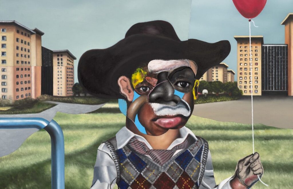 Nathaniel Mary Quinn, Study for The Traveler (detail) 2024. Oil paint oil pastel and gouache on linen canvas over wood panel 36x36 inches 91.4×91.4 cm 1200x1198